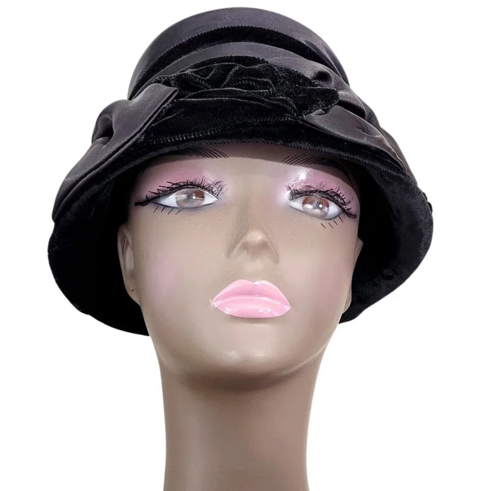 VINTAGE 50's 60's Union Made Black Velvet & Gray Bow Hat - Women's Size 20-21" - Picture 5 of 9